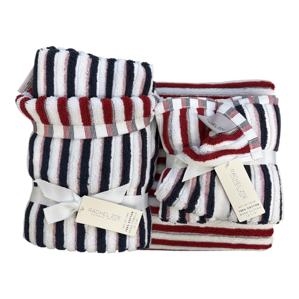 Rachel Zoe Navy Blue Red Reversible Stripe Bath, Hand, Washcloths Towels 8Pc NEW